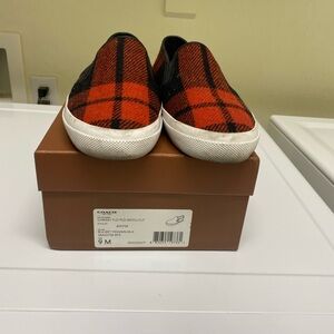 Coach Red Plaid Wool Slip-On Sneakers